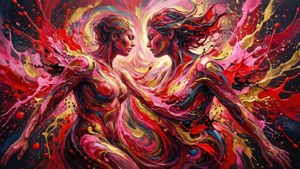 兩個風格化的人物在動態的繪畫擁抱中，色彩旋轉。 — 愛情藝術 壁紙