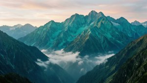 黎明時分的山脈，雲霧填滿下方的山谷。 — 青色GIF 壁紙