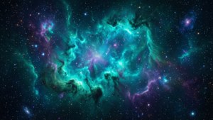 在深空中閃爍著星星的充滿活力的青綠色和紫色星雲。 — 青色GIF 壁紙