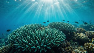 陽光穿過海水照射在珊瑚礁上，魚群在游動 — 青色GIF 壁紙