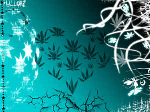 青綠色背景，帶有黑色大麻葉、白色發光漩渦和裂開的地面圖案。 — 青色GIF 壁紙
