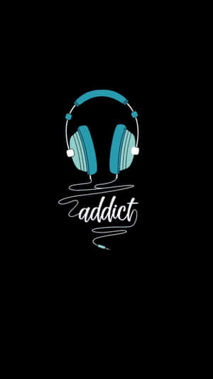 黑色背景上，草書「addict」上方有帶白色細節的青綠色耳機。 — 音樂 壁紙