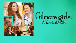 青綠色背景，帶有Gilmore Girls角色肖像和節目名稱文字。 — 雙子星 壁紙