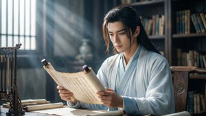 年輕學者在傳統書房中陽光下閱讀古代卷軸。