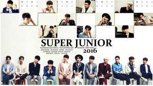 Super Junior 2016年季節問候桌布的團體照，帶有日曆佈局。 — Super Junior 壁紙
