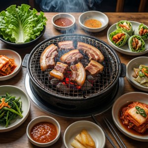 韓國BBQ五花肉連同配菜在木桌上燒烤 — Pixel Watch 5 壁紙