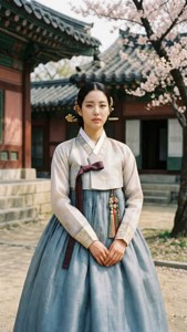 穿著傳統韓國韓服的年輕女子在櫻花下寺廟附近 — 智秀 GIF 壁紙