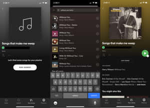 音樂應用程式的分割畫面，顯示播放清單建立和搜尋結果。 — Spotify 壁紙