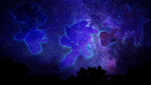 音速小子的剪影在星空紫色夜空中飛過森林上方。 — 星星 壁紙