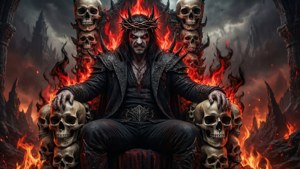 一個戴著尖刺王冠的惡魔之王坐在被火焰包圍的骷髏王座上。