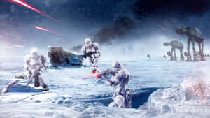 風暴兵在雪地戰場上發射爆能槍，背景有AT-AT步行機。 — 星際大戰 壁紙