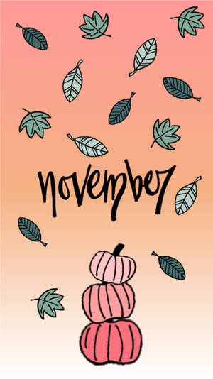 堆疊的粉紅色南瓜和落下的綠葉，帶有單詞november，背景為桃色漸變。 — 十一月 壁紙