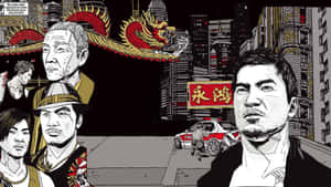 漫畫風格的城市場景，包含角色、警車和龍建築。 — 電玩遊戲 GIF 壁紙