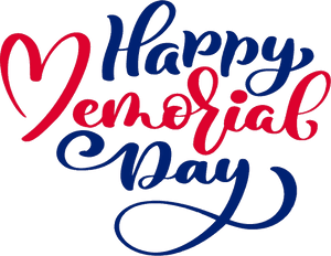 黑色背景上紅色和藍色草書的Happy Memorial Day，帶有心形設計