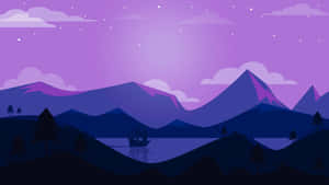 紫色山湖場景，夜晚有船在星空下。 — 美學天空 壁紙