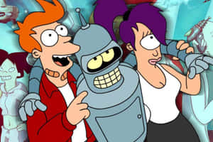 《飛出個未來》角色 Fry、Bender 和 Leela 與機器人和外星同伴在卡通場景中。