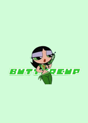 穿著綠色服裝的卡通角色Buttercup，下方有名字文字。 — 中性 壁紙