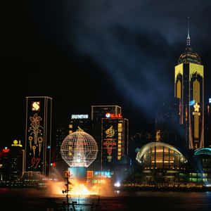 香港夜景，霓虹燈和水上煙火表演。 — 城市風景 壁紙