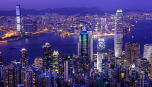 夜晚的香港天際線，燈火通明的摩天大樓和港口 — 胡志明市 壁紙