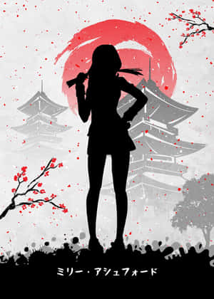 動漫女孩剪影，背景為紅日和櫻花寶塔。 — 魯夫微笑 壁紙