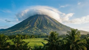藍天下被棕櫚樹和稻田環繞的戴雲帽火山 — 菲律賓 壁紙
