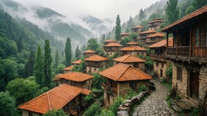 石屋頂著陶瓦，在一個霧氣瀰漫的山村中，周圍環繞著綠樹。 — 伊朗 壁紙