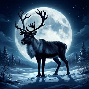 馴鹿在夜晚的滿月下站在雪地森林中 — 聖誕美學 壁紙