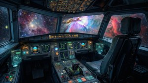 從太空船駕駛艙以第一人稱視角面對星雲。 — 太空船 壁紙