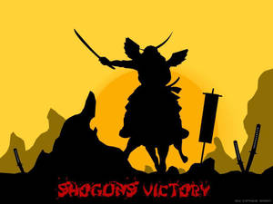 日落時分騎在馬上的武士手持劍，文字為「Shogun's Victory」。 — 最佳黑暗 壁紙