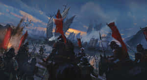 騎馬的武士戰士們揮舞紅旗交戰，戰艦在黃昏的海上戰鬥。 — 對馬戰鬼 壁紙