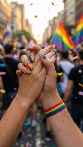 兩隻手緊握在一起，帶有彩虹色指甲和腕帶，在驕傲遊行中。 — Lgbt 壁紙