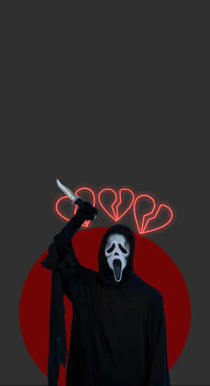鬼面人舉刀，身後有發光的紅色破碎心形。 — 鬼臉殺手 GIF 壁紙