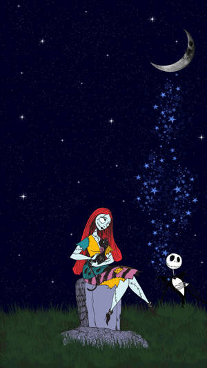 骷髏情侶坐在墓碑上，背景是星空和新月。 — 星空動畫 壁紙