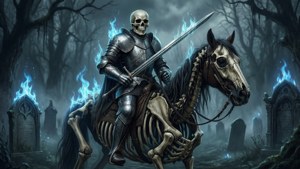 骷髏騎士騎著骷髏馬，在陰森墓地中閃爍著藍色火焰。 — 烙印勇士 壁紙