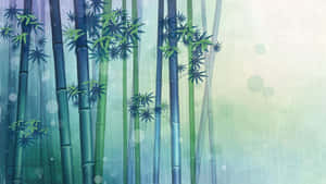 高大的竹莖帶有綠葉，在帶有散景光效的霧氣森林中。 — 竹子 壁紙