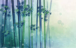 高大的竹莖帶著綠葉，在帶有柔和散景光的霧氣森林中。 — 竹子 壁紙