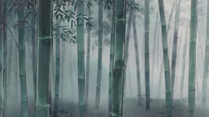 霧氣瀰漫的竹林，高大的綠色竹莖和柔和的灰色背景。 — 暗色花卉 壁紙