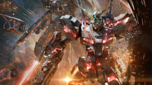 Gundam機甲在戰鬥中開火，火花和碎片四處飛散。 — 機動戰士鋼彈 壁紙