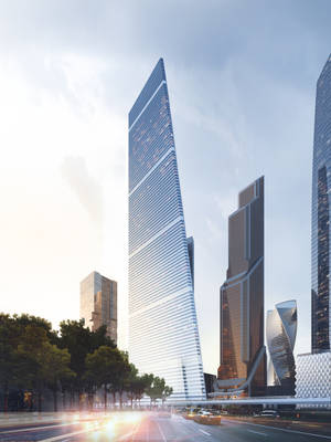 現代玻璃摩天大樓在黎明時分主宰著城市街道，車燈流光溢彩。 — 莫斯科 壁紙