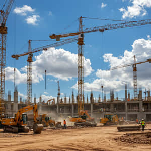 藍天白雲下的建築工地，有起重機和挖掘機 — 城市 壁紙