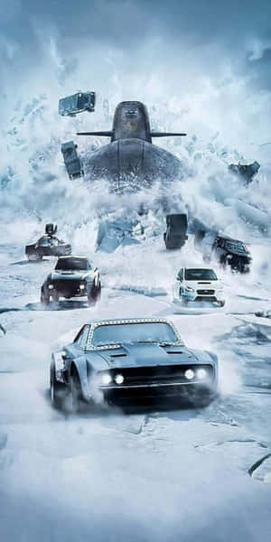 汽車在雪中疾馳，身後一艘潛艇破冰而出。 — Pixel 3 壁紙