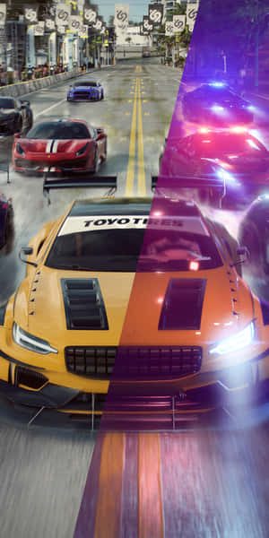 高速街頭賽車，霓虹燈和警車追逐跑車。 — 電玩遊戲 GIF 壁紙