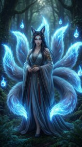 阿狸置身於神秘森林，周圍環繞著發光的狐火