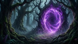 黑暗魔法森林中發光的紫色魔法傳送門。 — 數位藝術 壁紙