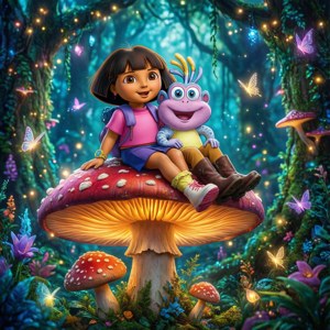 Dora 和 Boots 在一個有蝴蝶的魔法森林裡的發光蘑菇上。 — 愛探險的朵拉 壁紙