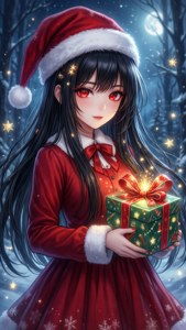 動漫女孩穿著聖誕老人服裝，在夜晚白雪覆蓋的森林中手持發光的禮物。 — 動漫聖誕 壁紙