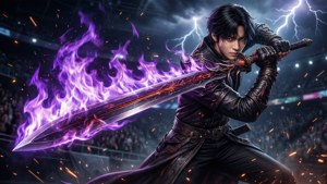 動畫戰士手持紫色火焰劍，在暴風雨競技場戰鬥場景中 — 我獨自升級 壁紙