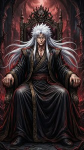 一位白髮戰士身穿黑色長袍，坐在火熱惡魔房間中的尖刺王座上。 — 幽遊白書 壁紙