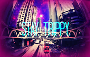 紫色宇宙天空下的霓虹街道，帶有'STAY TRIPPY'文字。 — 迷幻酷炫 壁紙