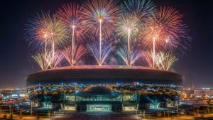 煙火在夜間現代化體育場上空綻放，下方是城市燈光。 — 2022年世界盃 壁紙